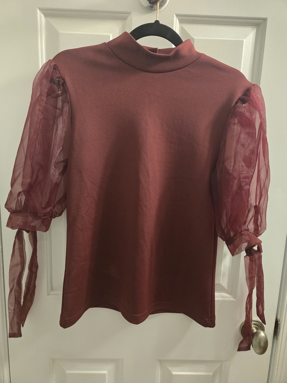 Kaktus Burgundy Puff Sleeve Mock Neck Top